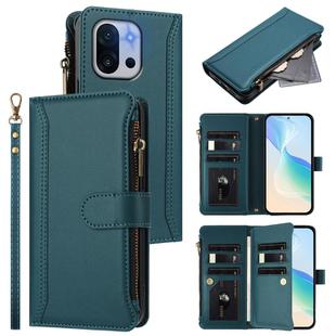 For OnePlus 13T 5G Magnetic Closure 9 Card Slots Zipper Leather Case with Hand Strap(Dark Green)
