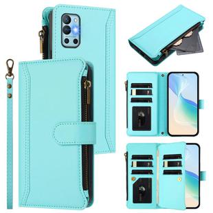 For OnePlus 9R / 8T Magnetic Closure 9 Card Slots Zipper Leather Case with Hand Strap(Mint Green)