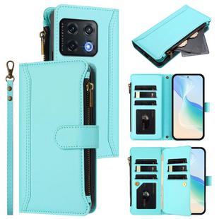 For OnePlus 10 Pro 5G Magnetic Closure 9 Card Slots Zipper Leather Case with Hand Strap(Mint Green)