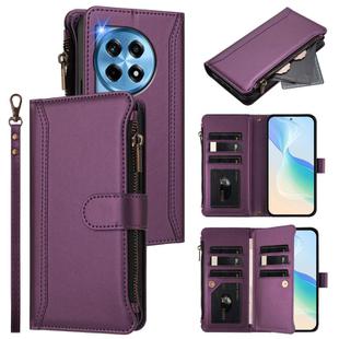 For OnePlus 12 5G Global Magnetic Closure 9 Card Slots Zipper Leather Case with Hand Strap(Purple)