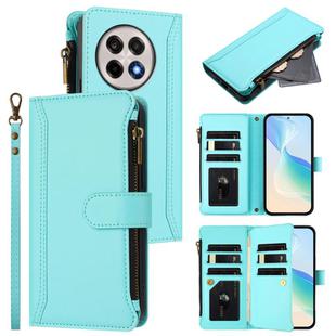 For OnePlus 13R / Ace 5 Pro 5G Magnetic Closure 9 Card Slots Zipper Leather Case with Hand Strap(Mint Green)
