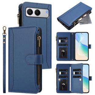 For OnePlus Nord 4 5G Global Magnetic Closure 9 Card Slots Zipper Leather Case with Hand Strap(Dark Blue)