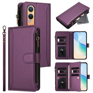 For OnePlus Nord CE4 Lite 5G Global Magnetic Closure 9 Card Slots Zipper Leather Case with Hand Strap(Purple)