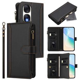 For Honor 90 5G Magnetic Closure 9 Card Slots Zipper Leather Case with Hand Strap(Black)