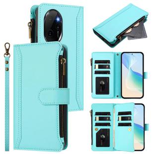 For Honor 100 Pro 5G Magnetic Closure 9 Card Slots Zipper Leather Case with Hand Strap(Mint Green)