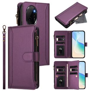For Honor 100 Pro 5G Magnetic Closure 9 Card Slots Zipper Leather Case with Hand Strap(Purple)