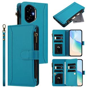 For Honor 300 5G Magnetic Closure 9 Card Slots Zipper Leather Case with Hand Strap(Turquoise)