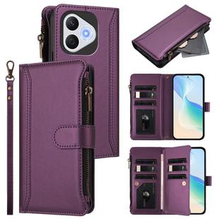 For Honor 400 Lite Magnetic Closure 9 Card Slots Zipper Leather Case with Hand Strap(Purple)