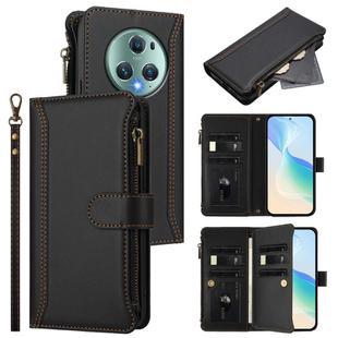 For Honor Magic5 Pro Magnetic Closure 9 Card Slots Zipper Leather Case with Hand Strap(Black)