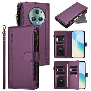 For Honor Magic5 Pro Magnetic Closure 9 Card Slots Zipper Leather Case with Hand Strap(Purple)