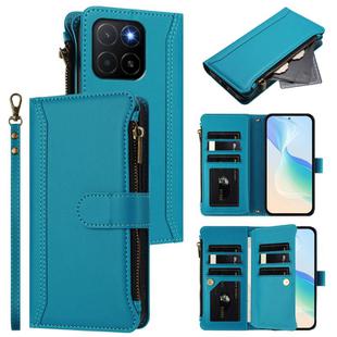 For Honor X5b 4G Global Magnetic Closure 9 Card Slots Zipper Leather Case with Hand Strap(Turquoise)