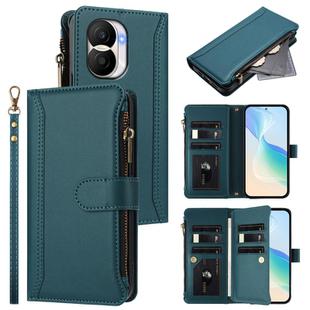 For Honor X40i 5G Magnetic Closure 9 Card Slots Zipper Leather Case with Hand Strap(Dark Green)