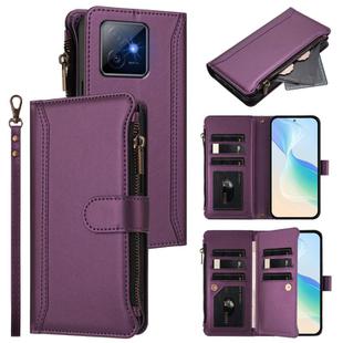 For Honor X60 GT 5G Magnetic Closure 9 Card Slots Zipper Leather Case with Hand Strap(Purple)