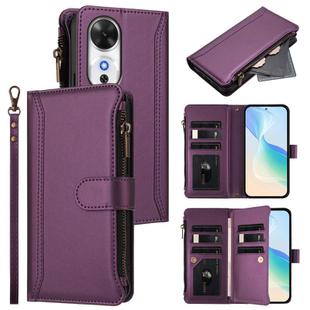 For Honor Play 60 5G Magnetic Closure 9 Card Slots Zipper Leather Case with Hand Strap(Purple)