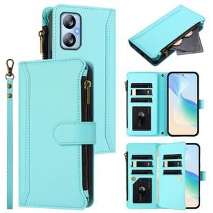 For Blackview A52 / A52 Pro Magnetic Closure 9 Card Slots Zipper Leather Case with Hand Strap(Mint Green)