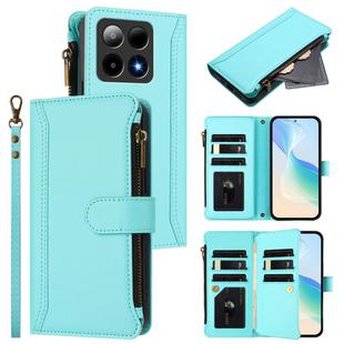 For Boost Mobile Summit 5G Magnetic Closure 9 Card Slots Zipper Leather Case with Hand Strap(Mint Green)