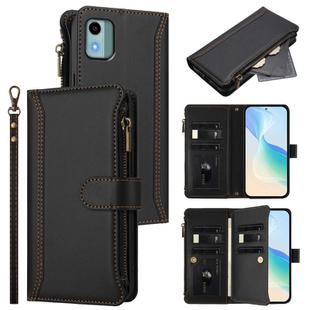 For Nokia C12 Magnetic Closure 9 Card Slots Zipper Leather Case with Hand Strap(Black)