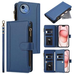 For Sharp Aquos wish5 Magnetic Closure 9 Card Slots Zipper Leather Case with Hand Strap(Dark Blue)