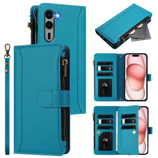 For Fujitsu Arrows We2 Plus Magnetic Closure 9 Card Slots Zipper Leather Case with Hand Strap(Turquoise)