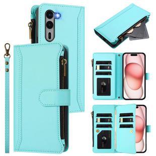 For Fujitsu Arrows We2 Plus Magnetic Closure 9 Card Slots Zipper Leather Case with Hand Strap(Mint Green)
