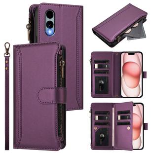 For Fujitsu Arrows We2 Magnetic Closure 9 Card Slots Zipper Leather Case with Hand Strap(Purple)
