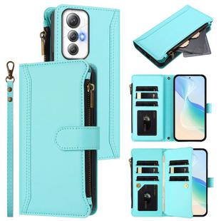 For Cubot Max 5 Magnetic Closure 9 Card Slots Zipper Leather Case with Hand Strap(Mint Green)