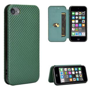 For iPod Touch 5 / 6 / 7 Carbon Fiber Texture Horizontal Flip TPU + PC + PU Leather Case with Card Slot(Green)