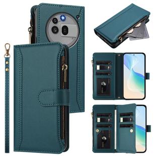 For Nothing Phone 3a Pro Magnetic Closure 9 Card Slots Zipper Leather Case with Hand Strap(Dark Green)