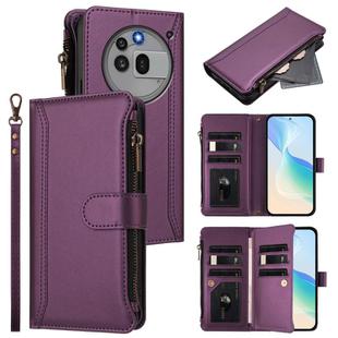 For Nothing Phone 3a Pro Magnetic Closure 9 Card Slots Zipper Leather Case with Hand Strap(Purple)