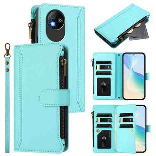 For ZTE Blade A35 Lite / A35 Core Magnetic Closure 9 Card Slots Zipper Leather Case with Hand Strap(Mint Green)