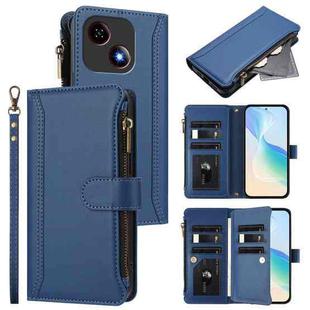 For ZTE Blade A35E Magnetic Closure 9 Card Slots Zipper Leather Case with Hand Strap(Dark Blue)