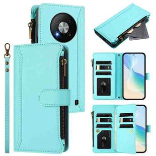 For ZTE Blade A73 5G Magnetic Closure 9 Card Slots Zipper Leather Case with Hand Strap(Mint Green)