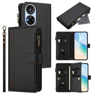 For ZTE Blade V40s Magnetic Closure 9 Card Slots Zipper Leather Case with Hand Strap(Black)