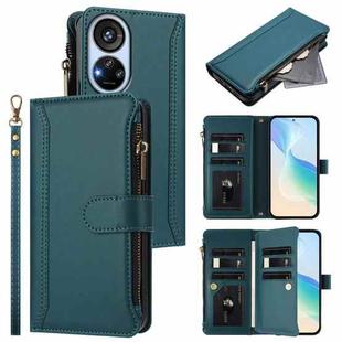 For ZTE Blade V40s Magnetic Closure 9 Card Slots Zipper Leather Case with Hand Strap(Dark Green)