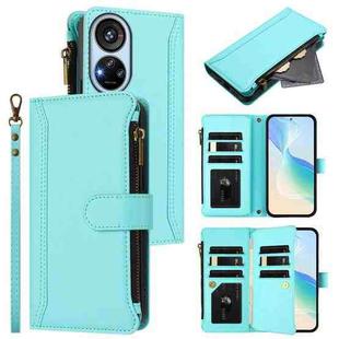For ZTE Blade V40s Magnetic Closure 9 Card Slots Zipper Leather Case with Hand Strap(Mint Green)