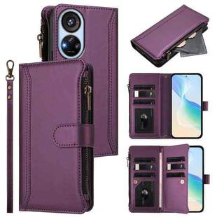 For ZTE Blade V40s Magnetic Closure 9 Card Slots Zipper Leather Case with Hand Strap(Purple)