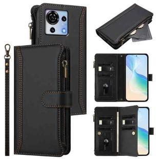 For ZTE Blade V50 Vita Magnetic Closure 9 Card Slots Zipper Leather Case with Hand Strap(Black)