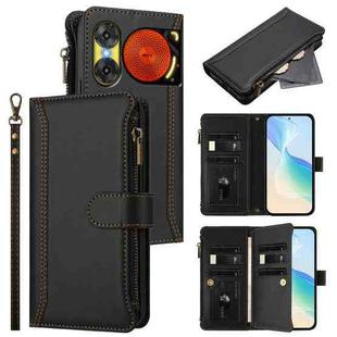 For ZTE Nubia Music 2 Magnetic Closure 9 Card Slots Zipper Leather Case with Hand Strap(Black)