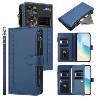 For ZTE Nubia Z60 Ultra Magnetic Closure 9 Card Slots Zipper Leather Case with Hand Strap(Dark Blue)