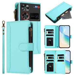 For ZTE Nubia Z60 Ultra Magnetic Closure 9 Card Slots Zipper Leather Case with Hand Strap(Mint Green)