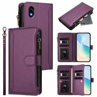 For ZTE Kantan Sumaho 4 A402ZT Magnetic Closure 9 Card Slots Zipper Leather Case with Hand Strap(Purple)