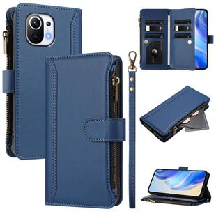 For Xiaomi Mi 11 Magnetic Closure 9 Card Slots Zipper Leather Case with Hand Strap(Dark Blue)