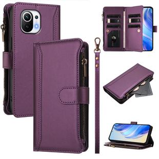 For Xiaomi Mi 11 Magnetic Closure 9 Card Slots Zipper Leather Case with Hand Strap(Purple)