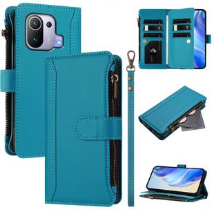 For Xiaomi Mi 11 Pro Magnetic Closure 9 Card Slots Zipper Leather Case with Hand Strap(Turquoise)