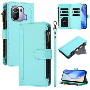 For Xiaomi Mi 11 Pro Magnetic Closure 9 Card Slots Zipper Leather Case with Hand Strap(Mint Green)
