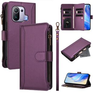 For Xiaomi Mi 11 Pro Magnetic Closure 9 Card Slots Zipper Leather Case with Hand Strap(Purple)