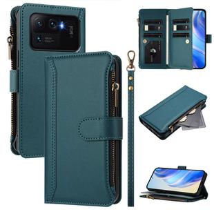 For Xiaomi Mi 11 Ultra Magnetic Closure 9 Card Slots Zipper Leather Case with Hand Strap(Dark Green)