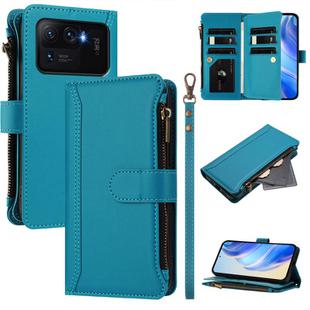 For Xiaomi Mi 11 Ultra Magnetic Closure 9 Card Slots Zipper Leather Case with Hand Strap(Turquoise)