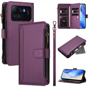 For Xiaomi Mi 11 Ultra Magnetic Closure 9 Card Slots Zipper Leather Case with Hand Strap(Purple)