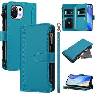 For Xiaomi Mi 11 Lite 4G / 5G Magnetic Closure 9 Card Slots Zipper Leather Case with Hand Strap(Turquoise)